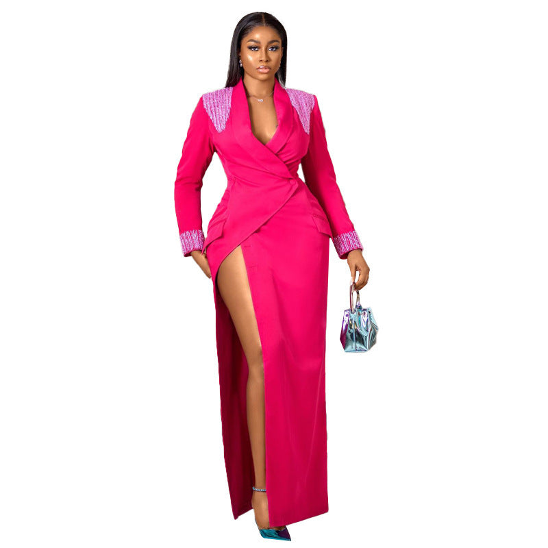 Natural Body Rose Red Suit Collar Deep V Split High Waist Dress