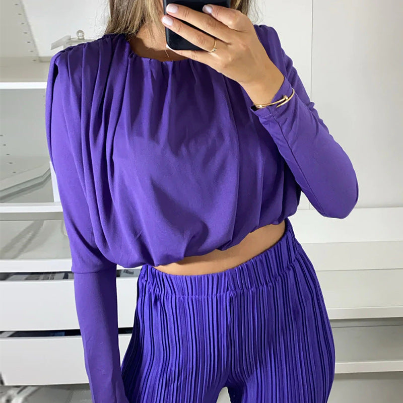Women's Fashion Temperament Crew Neck Long Sleeve Blouse Business Two-piece Set
