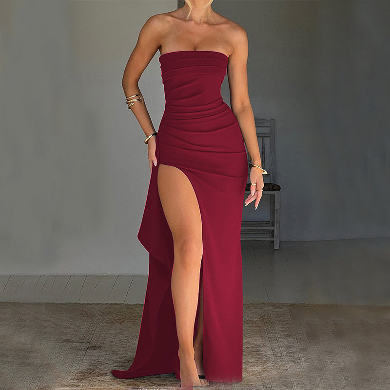 Strapless Split Long Pleated Dress – Elegant Party & Wedding Dress for Women