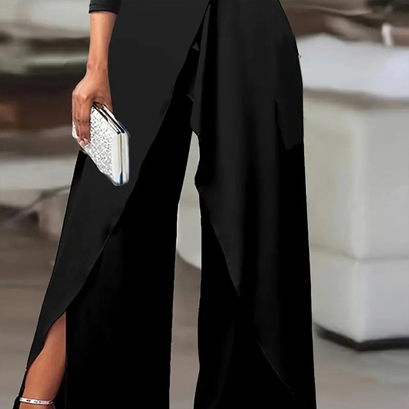 Women's Elegant One-Shoulder Jumpsuit With Long Sleeves & Pants Slit Pleated Waist Formal & Party