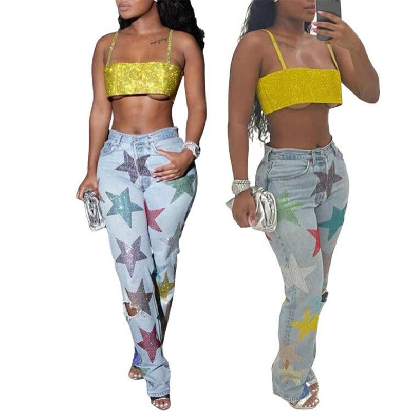 Denim Printed Ripped Five-pointed Star Jeans