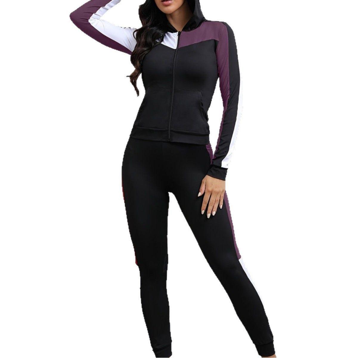 Women's Fashion Popular Stitching Hooded Jacket Yoga Leggings Two-piece Set
