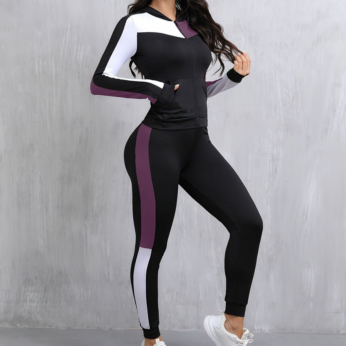 Women's Fashion Popular Stitching Hooded Jacket Yoga Leggings Two-piece Set