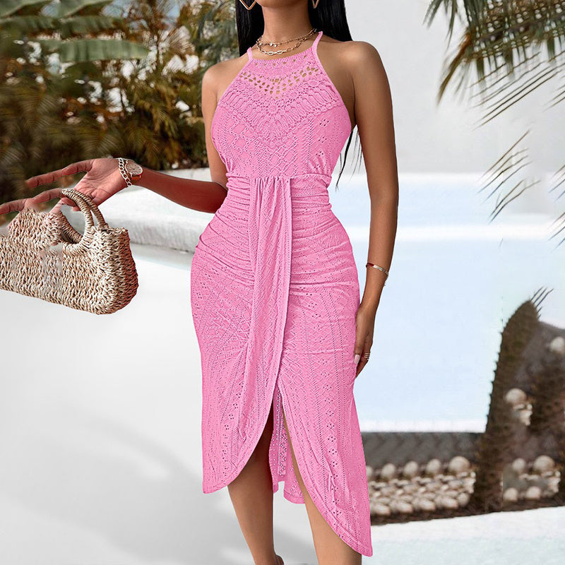 Natural Body Women's Sexy Halter Neck Ruched Bodycon Midi Dresses Elegant Sleeveless Cocktail Party Dress