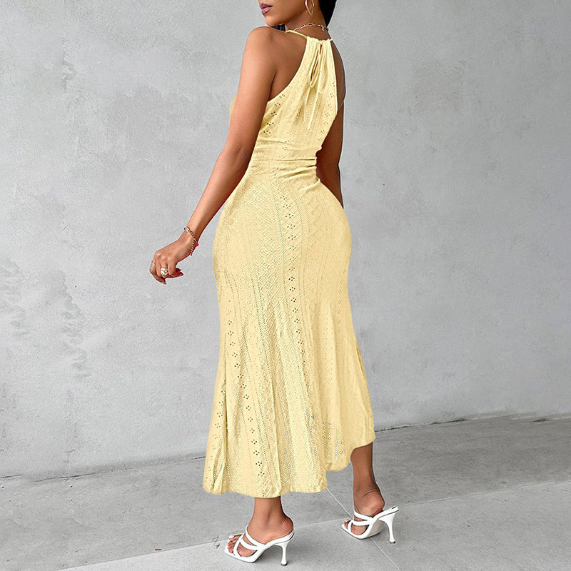 Natural Body Women's Sexy Halter Neck Ruched Bodycon Midi Dresses Elegant Sleeveless Cocktail Party Dress