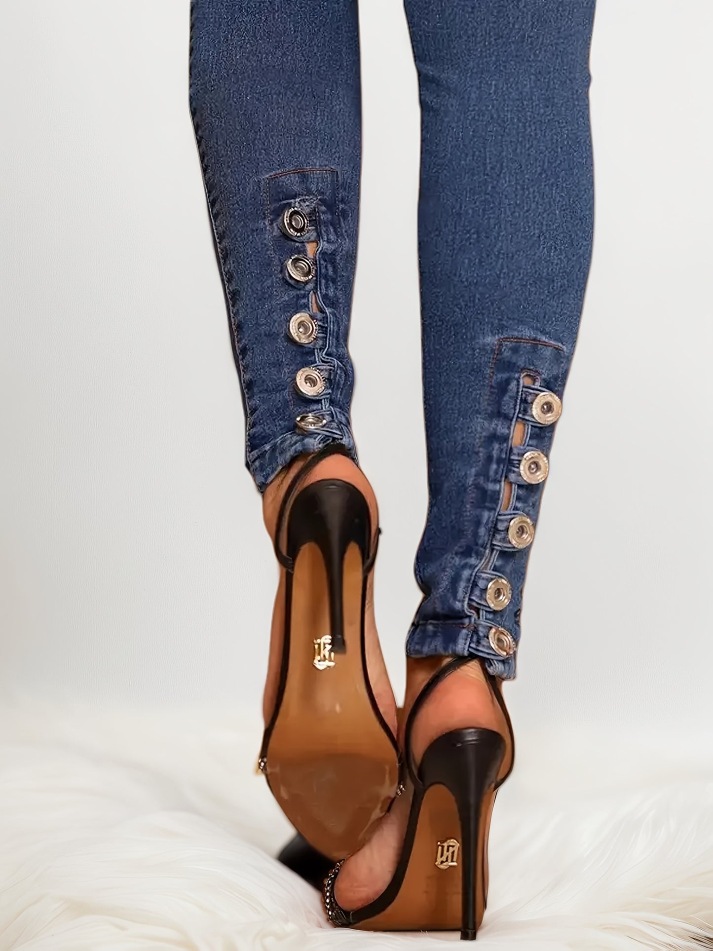 2025 New Body Fashion Women's Denim Pants W/ Fake Button Decoration, High Waisted Jeaned leggings, Suitable For All Seasons