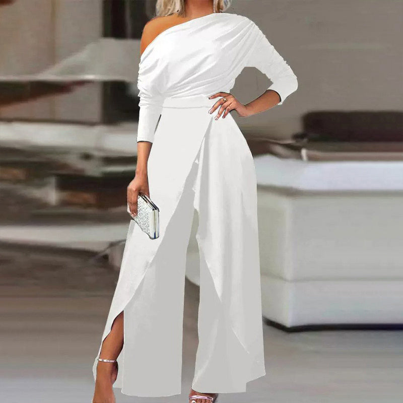 Women's Elegant One-Shoulder Jumpsuit With Long Sleeves & Pants Slit Pleated Waist Formal & Party
