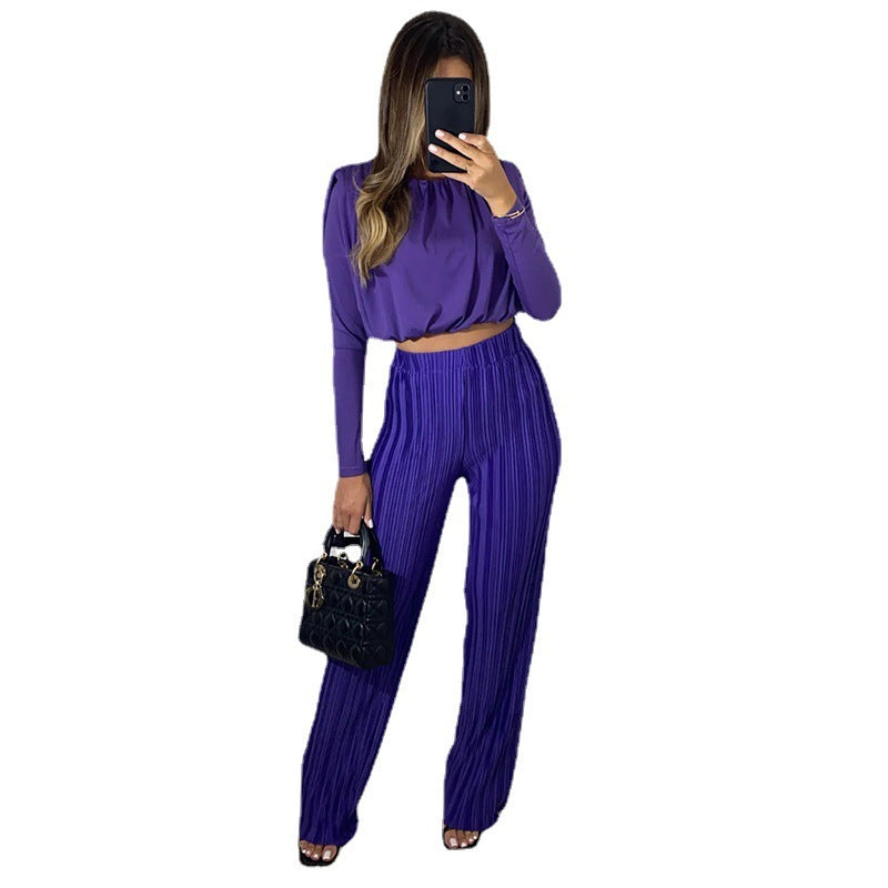 Women's Fashion Temperament Crew Neck Long Sleeve Blouse Business Two-piece Set