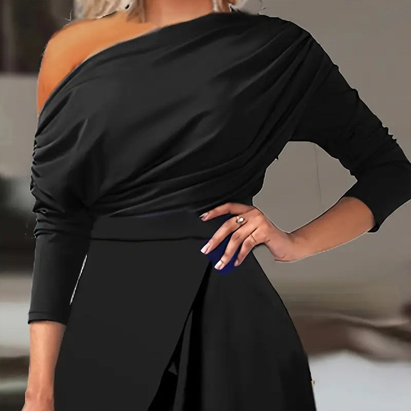 Women's Elegant One-Shoulder Jumpsuit With Long Sleeves & Pants Slit Pleated Waist Formal & Party