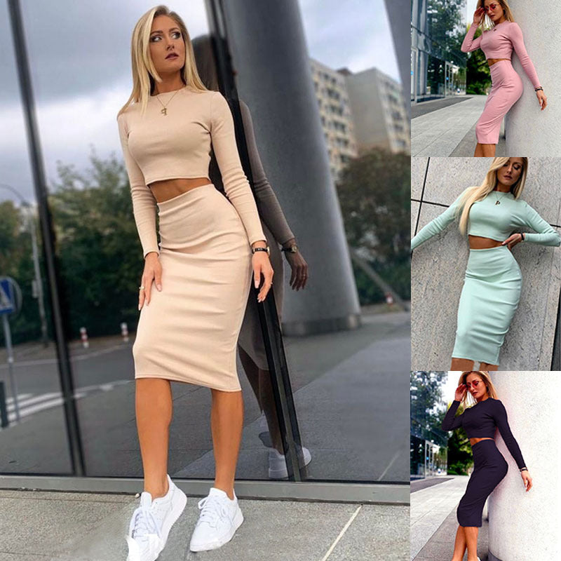 Natural Body Fashionable Solid Color Top And Hip Skirt Two-piece Set
