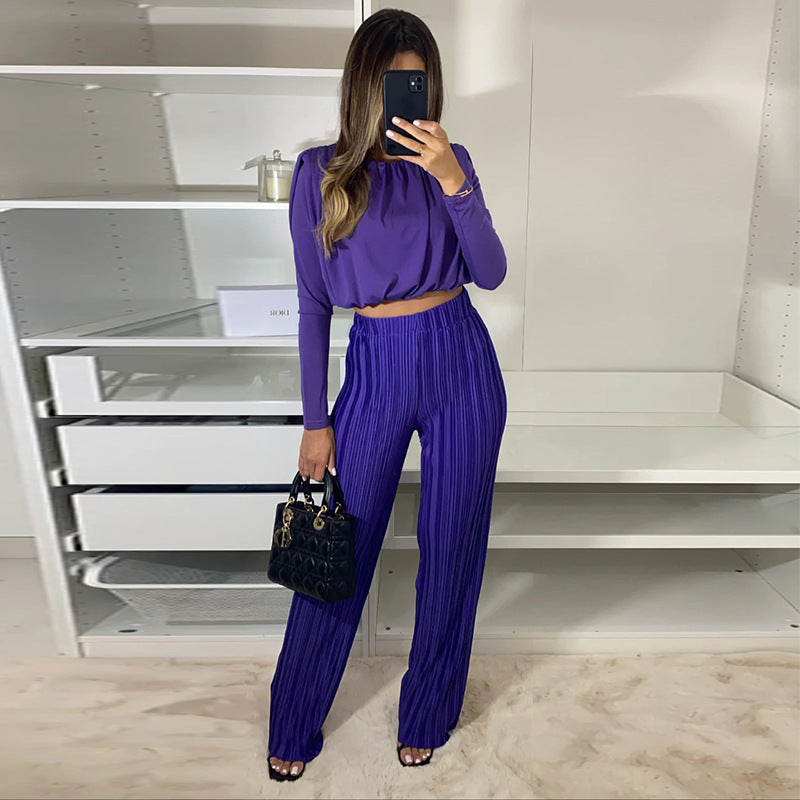 Women's Fashion Temperament Crew Neck Long Sleeve Blouse Business Two-piece Set