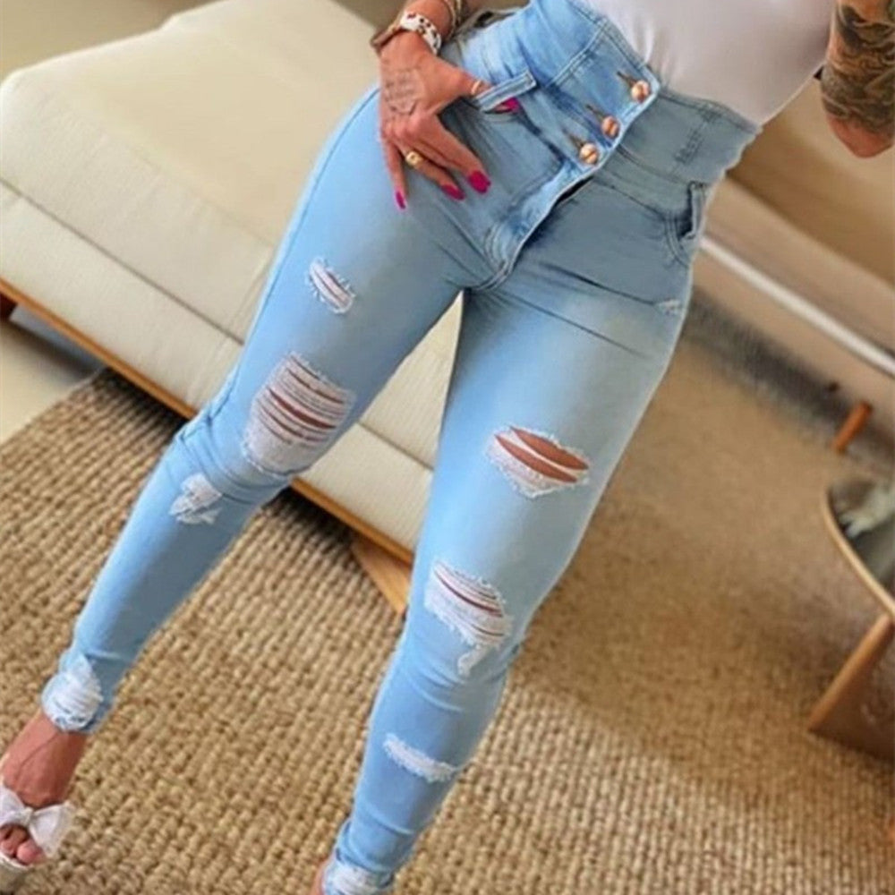 Slim High Waist Natural Ripped Skinny Ripped Pants