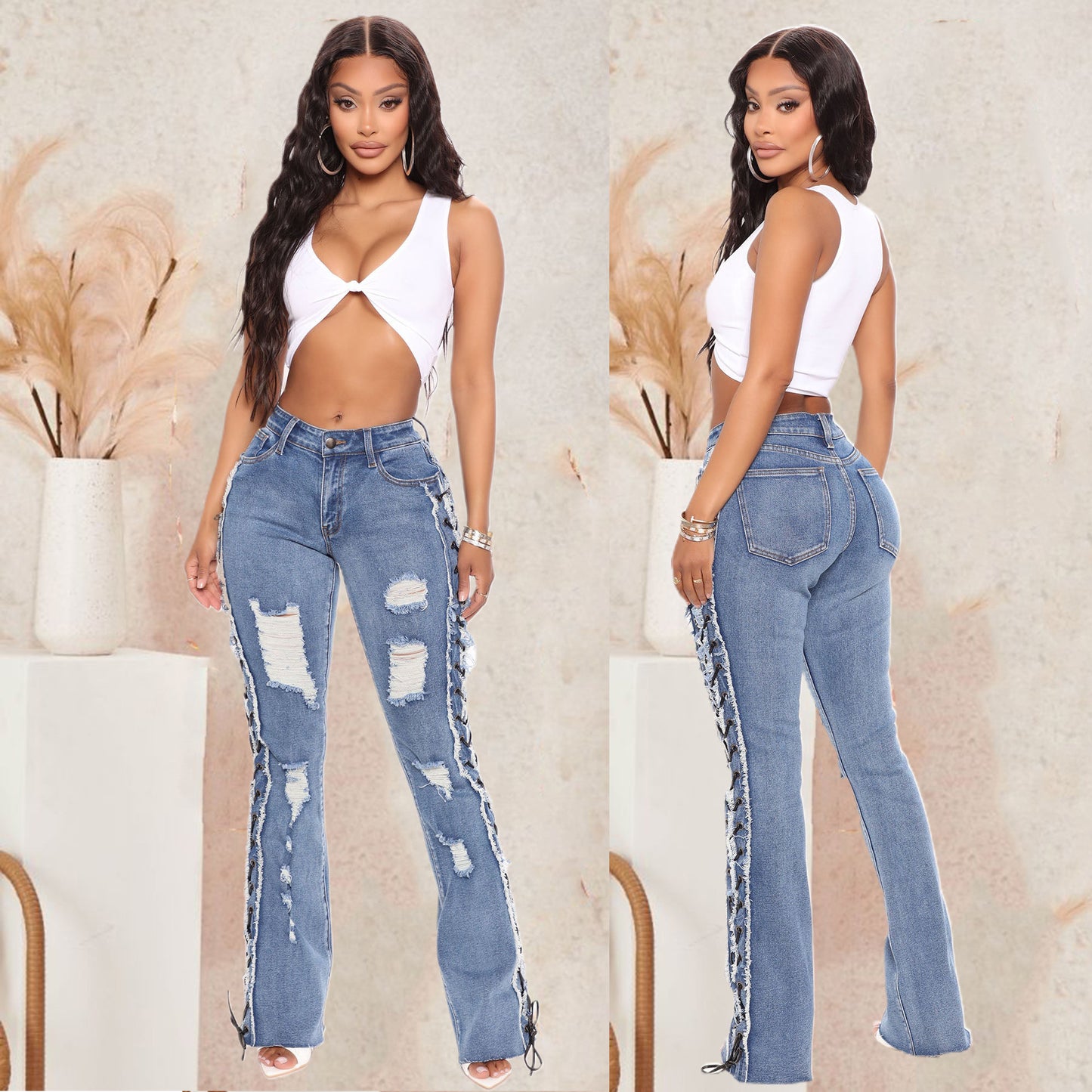 Eyelet Rope High Elasticity Slim Fit Ripped Denim Jeans