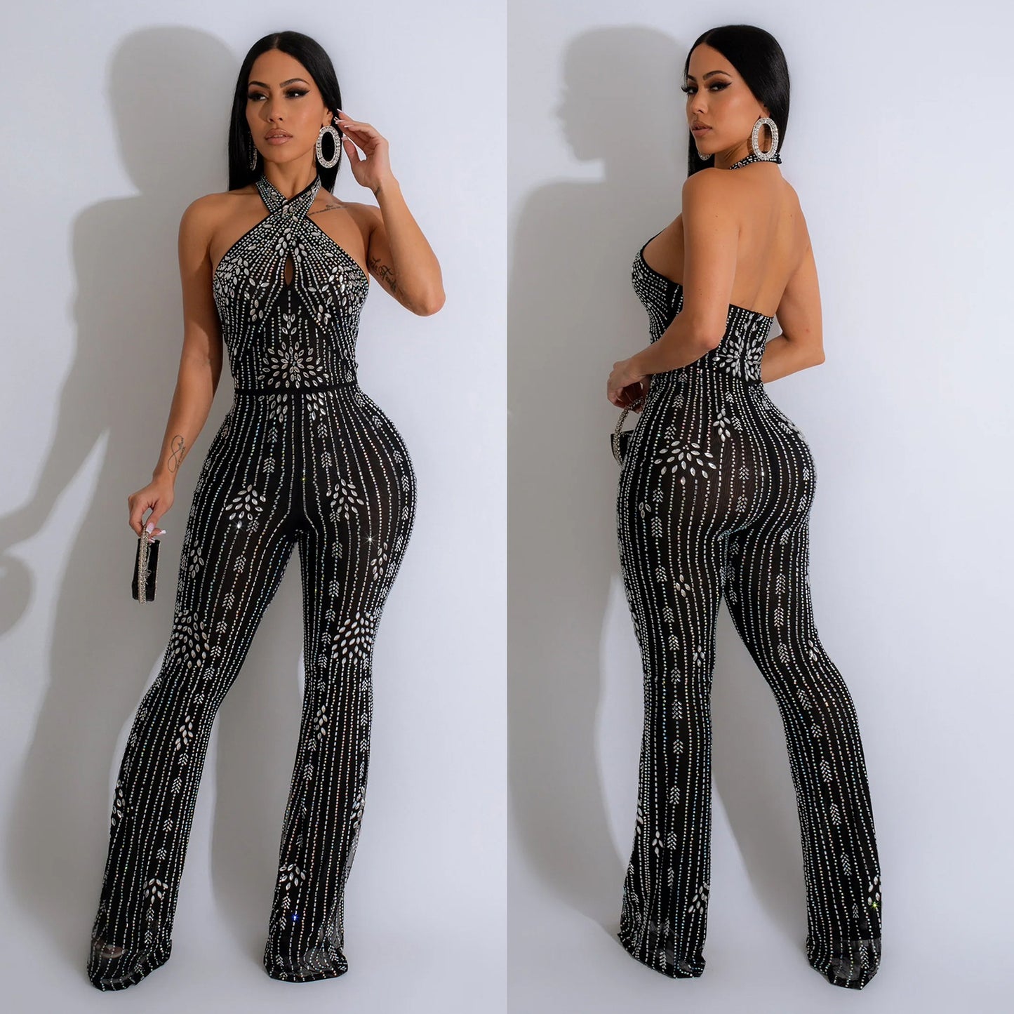 Natural Body Fit Rhinestone Sleeveless Halter Trousers Jumpsuit