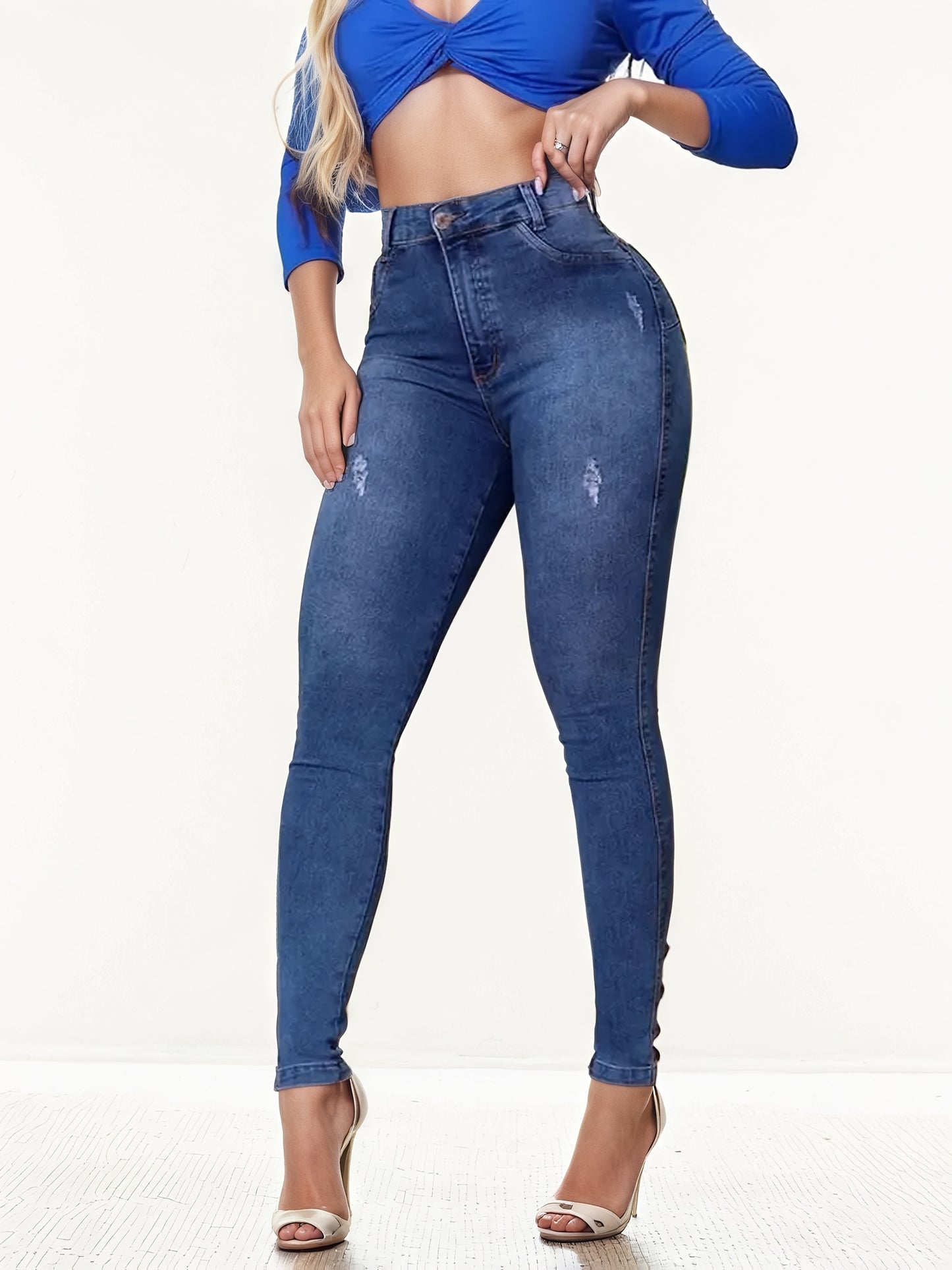 2025 New Body Fashion Women's Denim Pants W/ Fake Button Decoration, High Waisted Jeaned leggings, Suitable For All Seasons