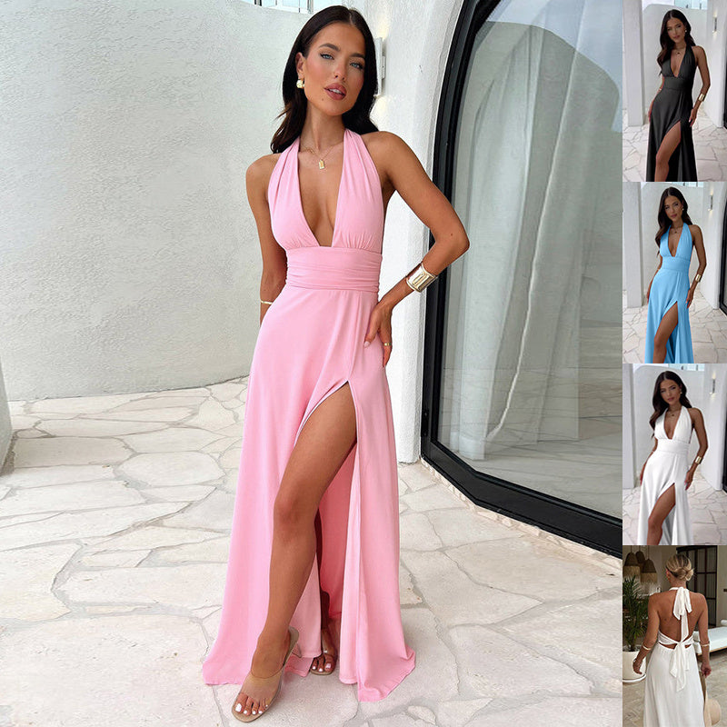 Sexy Halter Neck V-neck Slit Dress Backless Strappy Skirt Fashion Temperament Clothing Women