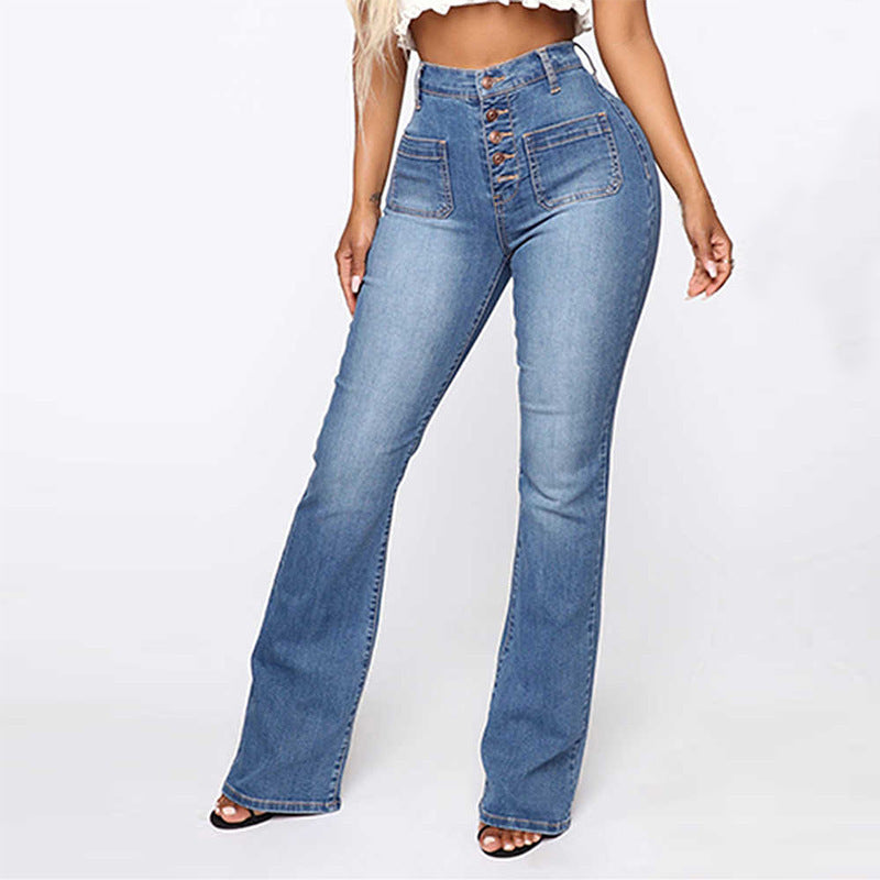 Plus Size Jeans Women Patch Pocket Washed Ladies High Waist Denim
