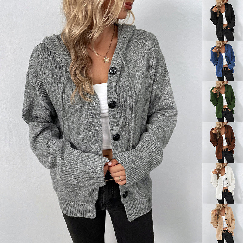 Natural Body Fashion Women’s Single-Breasted Hooded Sweater – Solid Color Cardigan Coat