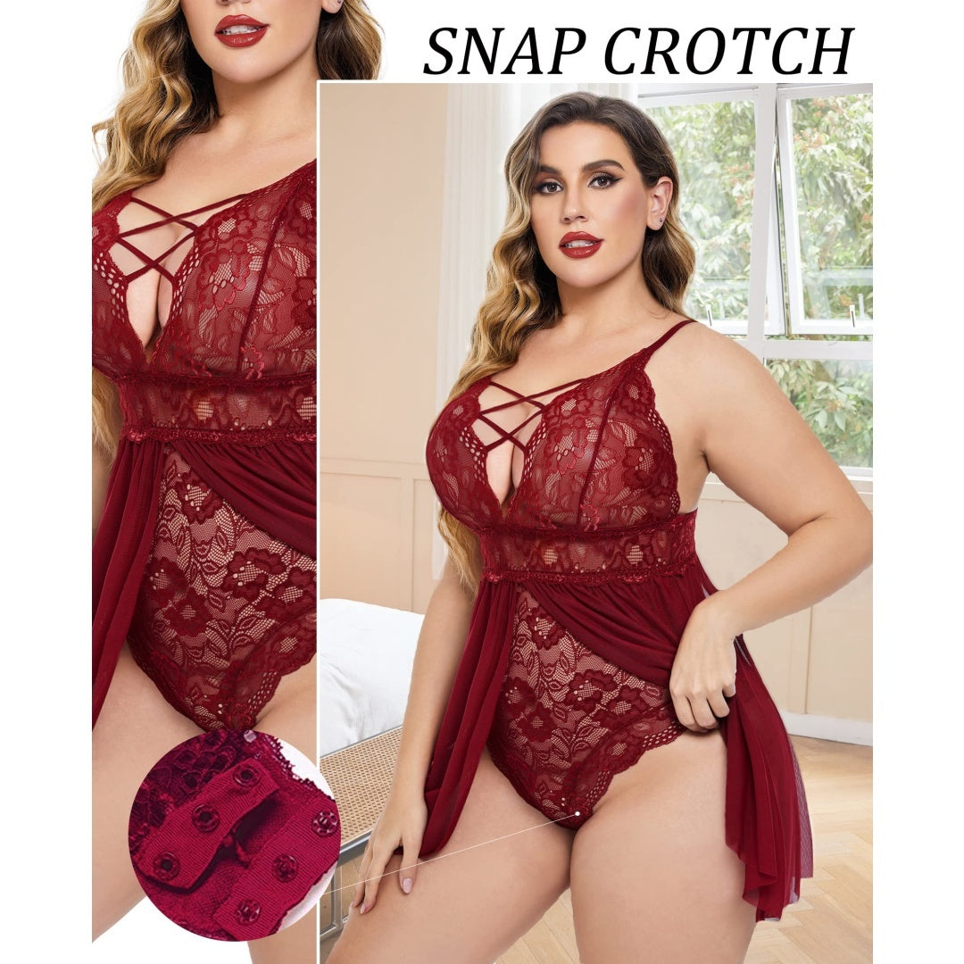 Natural Body Plus Size Babydoll Womens Snap Crotch Lingerie V NeckLace Nighty Sleepwear Womenswear Comfort Nightgown
