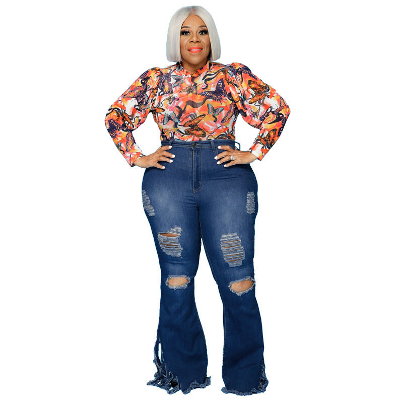 Women's Large Size Slim Fit Ripped Tassel Jeans
