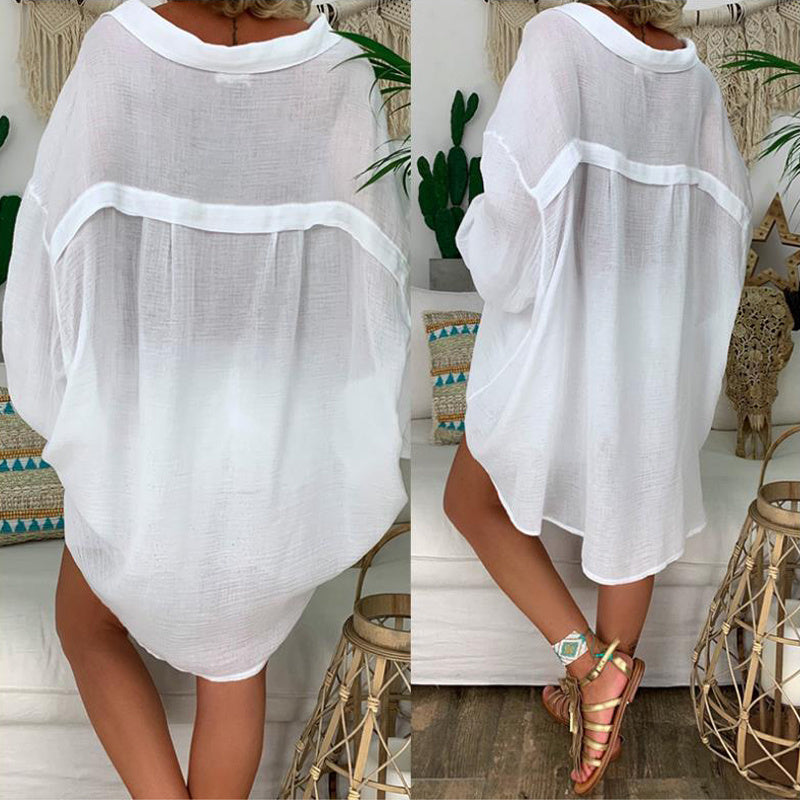 Natural Body Plus Size Women's Solid Color Notch Lapel Long Sleeve Dress With Button Front Sheer Lightweight Midi Dress For Summer