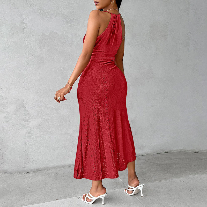 Natural Body Women's Sexy Halter Neck Ruched Bodycon Midi Dresses Elegant Sleeveless Cocktail Party Dress