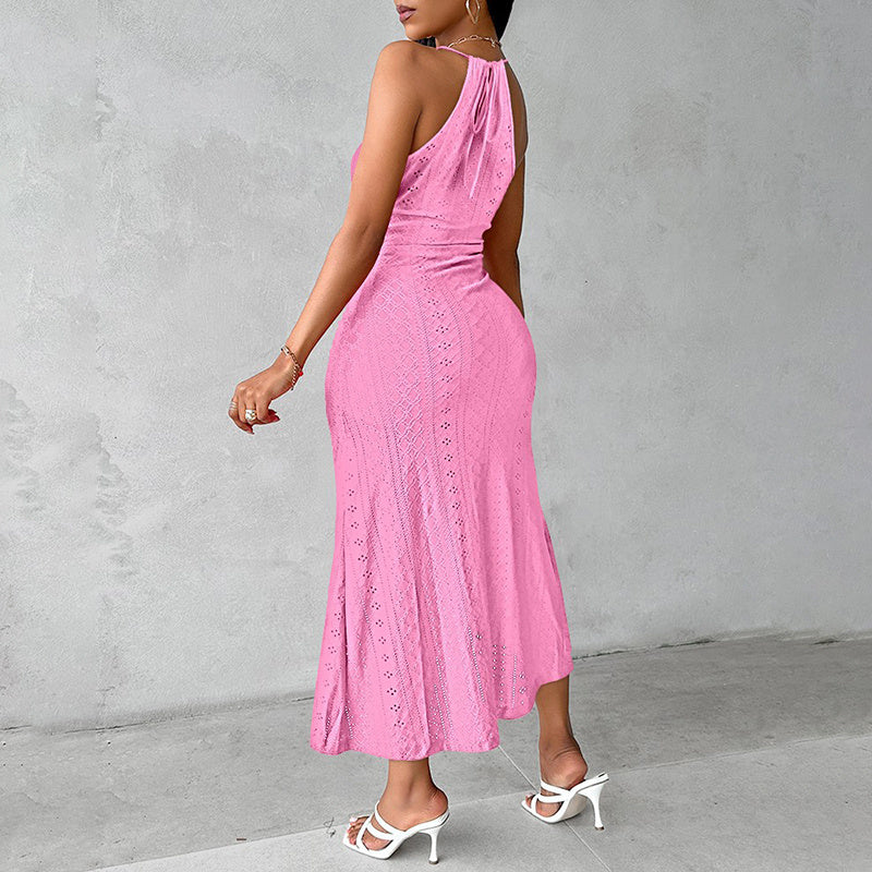 Natural Body Women's Sexy Halter Neck Ruched Bodycon Midi Dresses Elegant Sleeveless Cocktail Party Dress