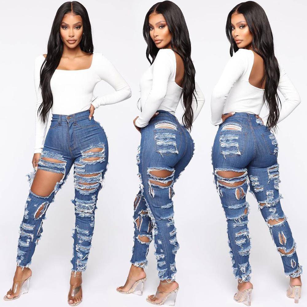 Natural Body Fashion Cut And Tear Stretchy Calf Jeans