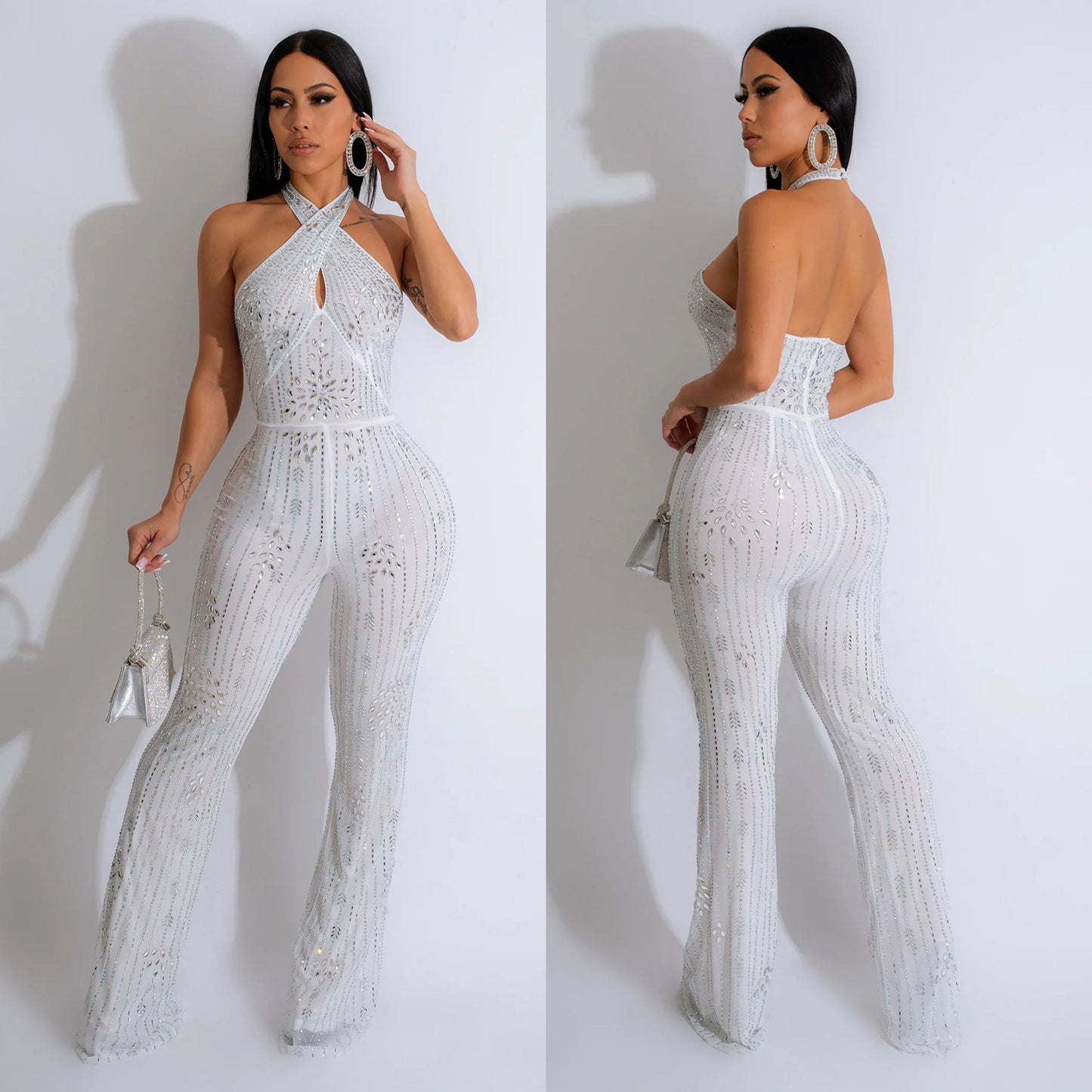 Natural Body Fit Rhinestone Sleeveless Halter Trousers Jumpsuit