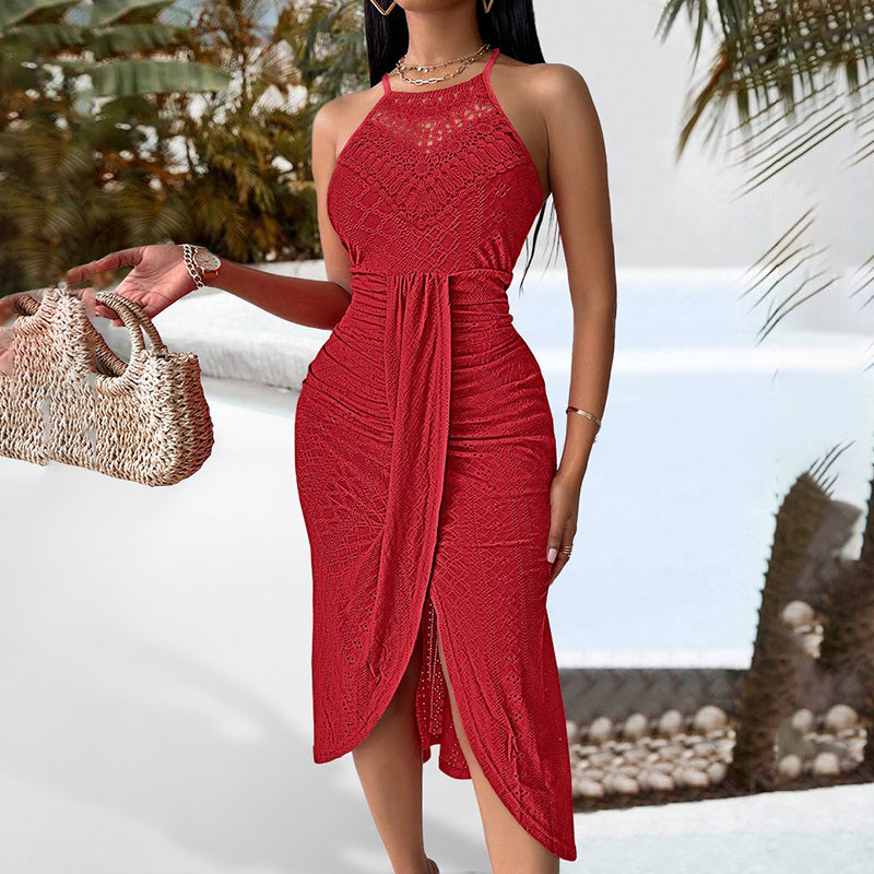 Natural Body Women's Sexy Halter Neck Ruched Bodycon Midi Dresses Elegant Sleeveless Cocktail Party Dress