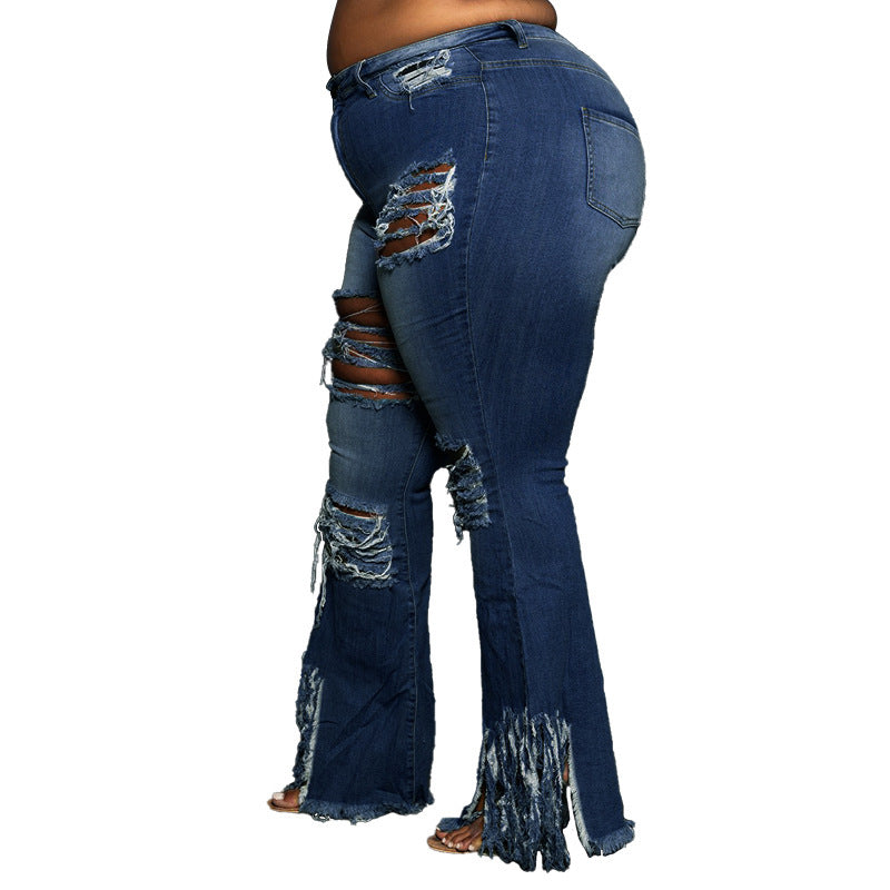 Women's Large Size Slim Fit Ripped Tassel Jeans
