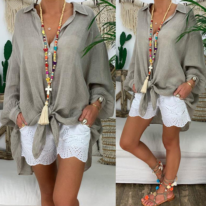 Natural Body Plus Size Women's Solid Color Notch Lapel Long Sleeve Dress With Button Front Sheer Lightweight Midi Dress For Summer