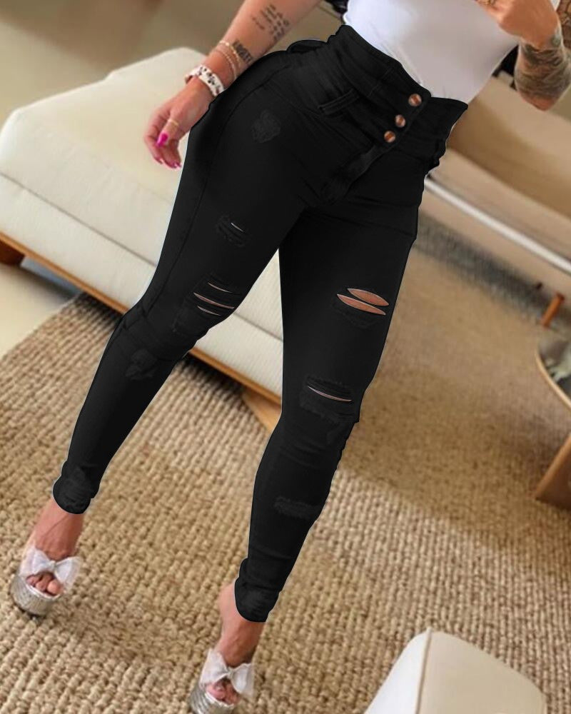 Slim High Waist Natural Ripped Skinny Ripped Pants