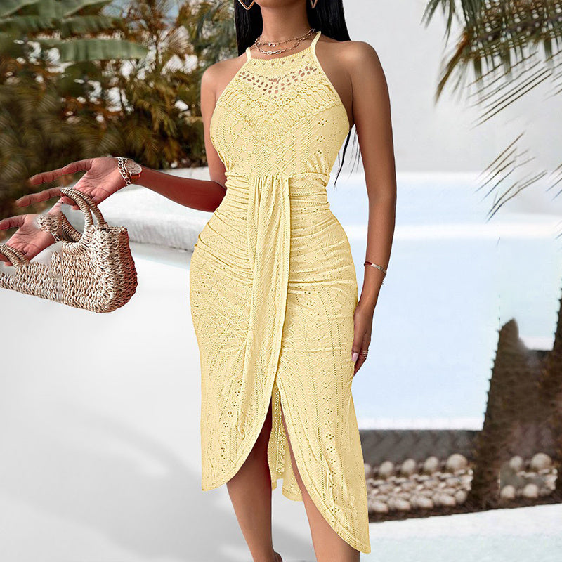 Natural Body Women's Sexy Halter Neck Ruched Bodycon Midi Dresses Elegant Sleeveless Cocktail Party Dress