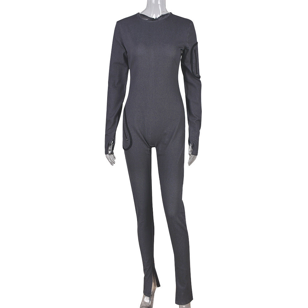 Natural Body Fashions Tight Denim Plush Jumpsuit For Women