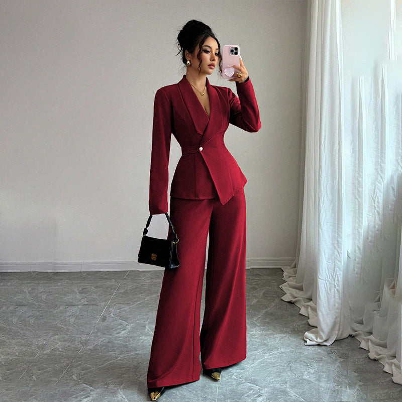 Women’s Long-Sleeved Suit Jacket & Straight-Leg Pants Set – Elegant Two-Piece Outfit by Natural Body Fashion