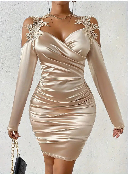 Natural Body Luxury Satin Elegant Lace Bodycon Dress With Pleated Skirt