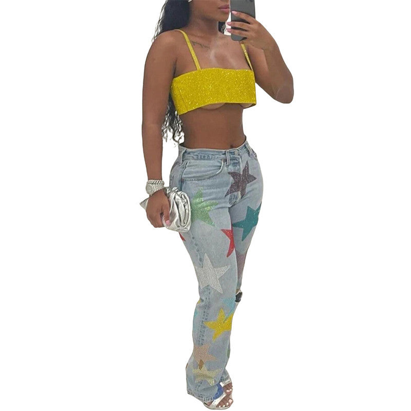 Denim Printed Ripped Five-pointed Star Jeans