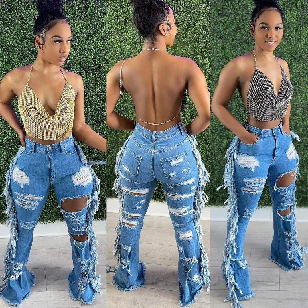 Natural Body Fit American Distressed Washed Tassel Jeans