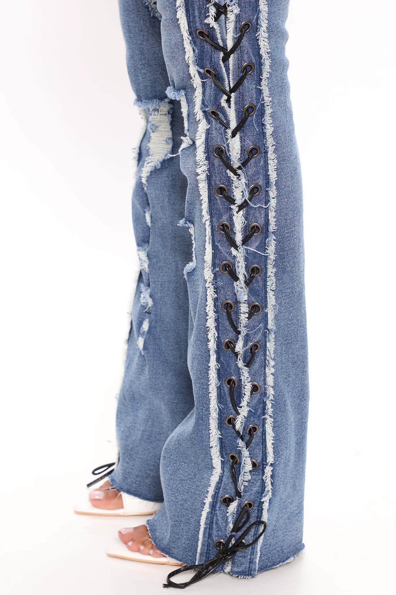Eyelet Rope High Elasticity Slim Fit Ripped Denim Jeans