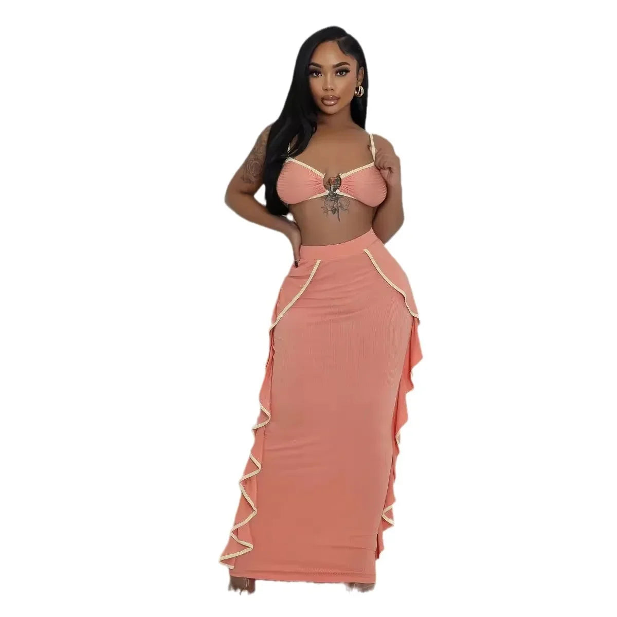Two Piece Dress for Women 2 Piece Sets Spaghetti Strap Tops Ruffle Maxi Skirt Suits Women 2 Piece Outfit