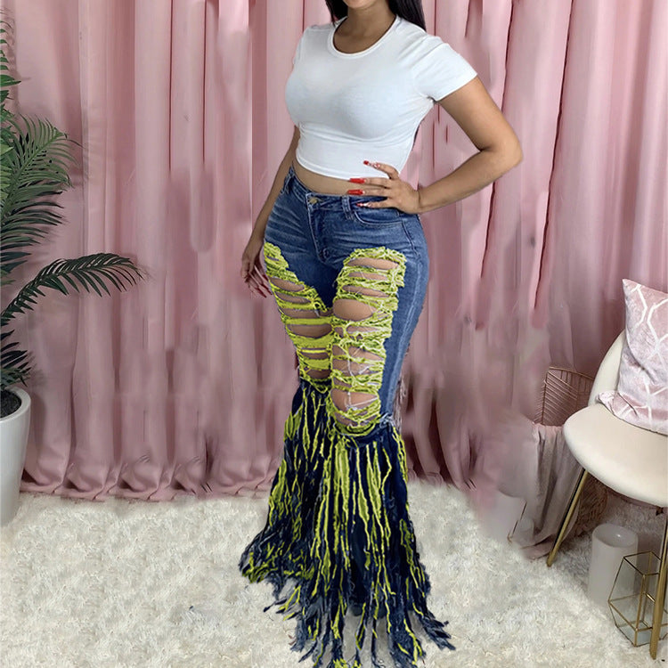 American Tassel Brushed Denim Trousers For Women's Casual Flared Trousers