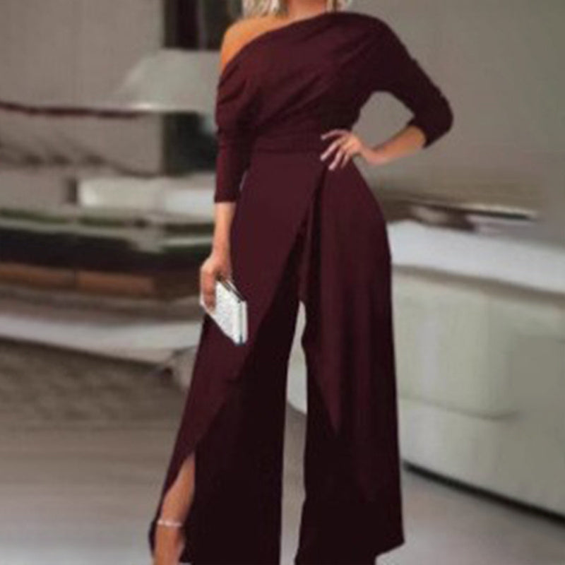 Women's Elegant One-Shoulder Jumpsuit With Long Sleeves & Pants Slit Pleated Waist Formal & Party