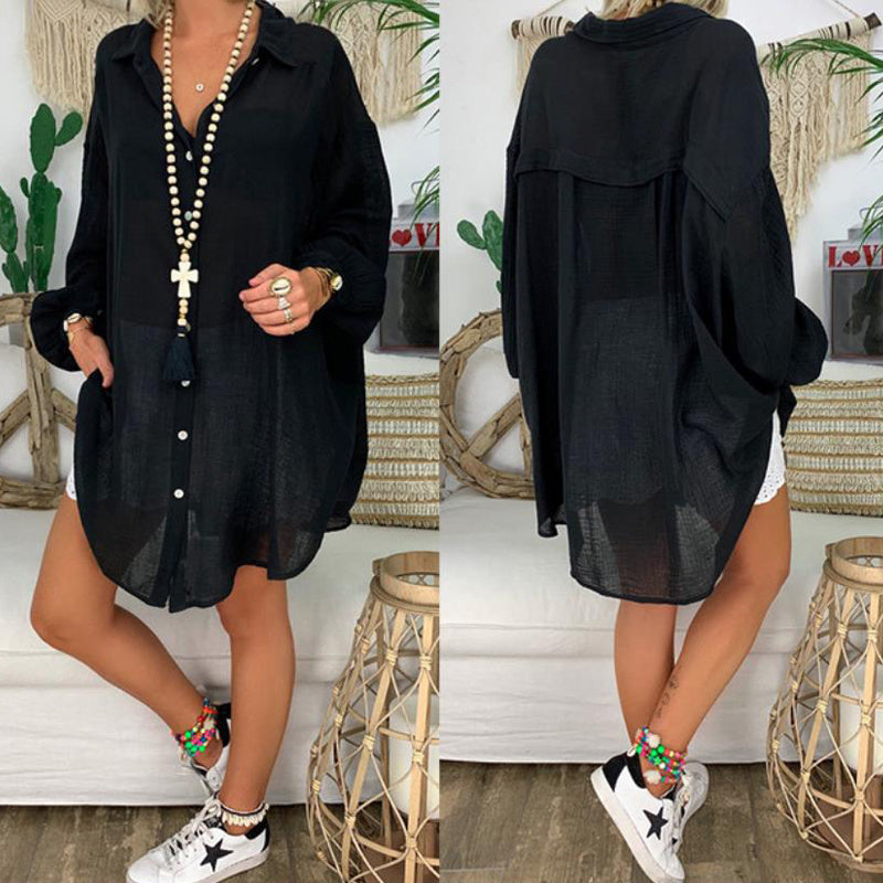 Natural Body Plus Size Women's Solid Color Notch Lapel Long Sleeve Dress With Button Front Sheer Lightweight Midi Dress For Summer