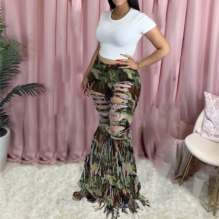 American Tassel Brushed Denim Trousers For Women's Casual Flared Trousers