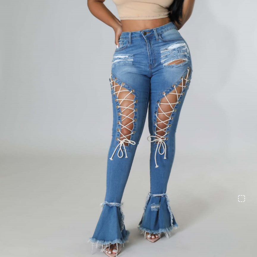 Sexy Mid-waist Retro Tattered Jeans Elastic Corns Bandage Mop Denim Bell-bottom Pants