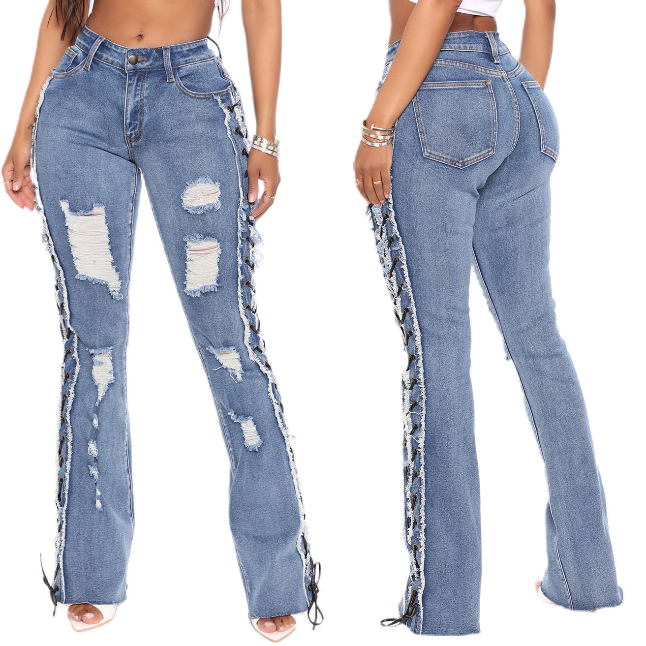 Eyelet Rope High Elasticity Slim Fit Ripped Denim Jeans