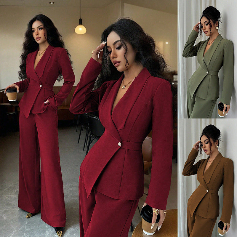 Women’s Long-Sleeved Suit Jacket & Straight-Leg Pants Set – Elegant Two-Piece Outfit by Natural Body Fashion