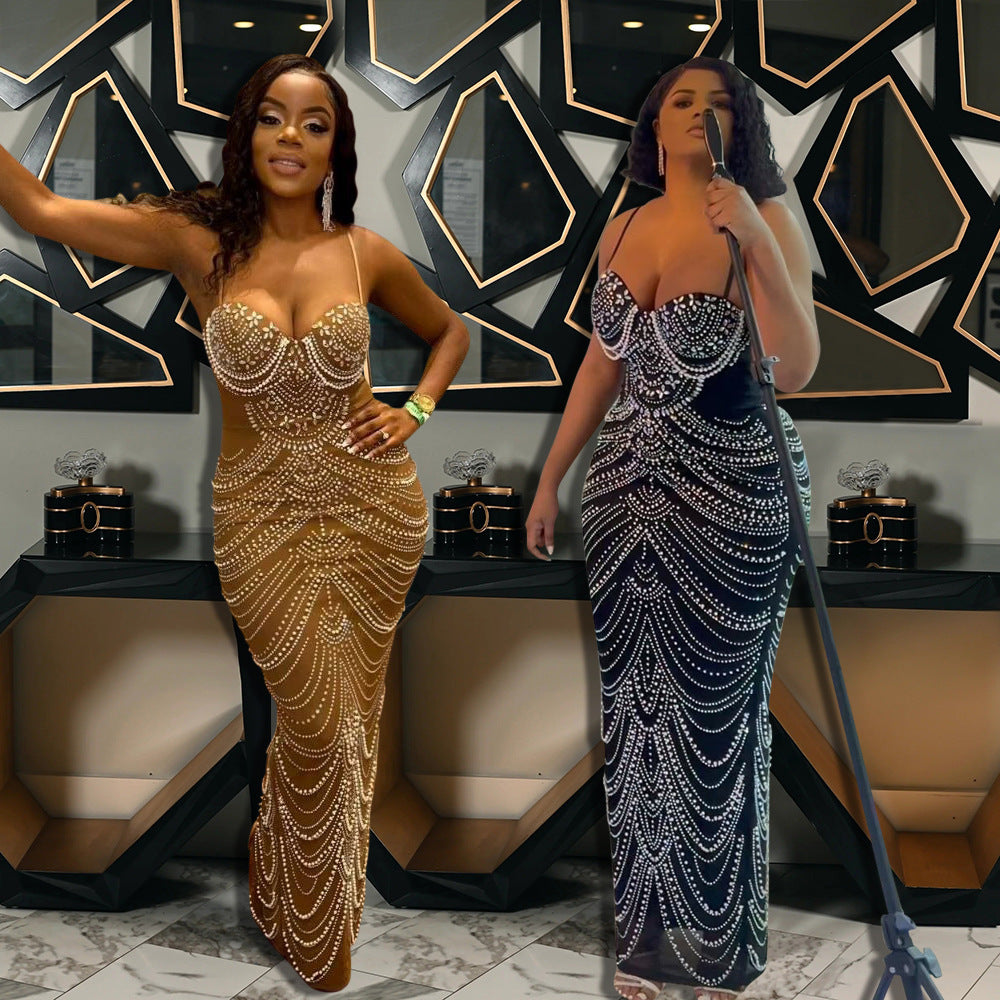 Natural Body Sling Hot Drilling Foam Beads Evening Dress
