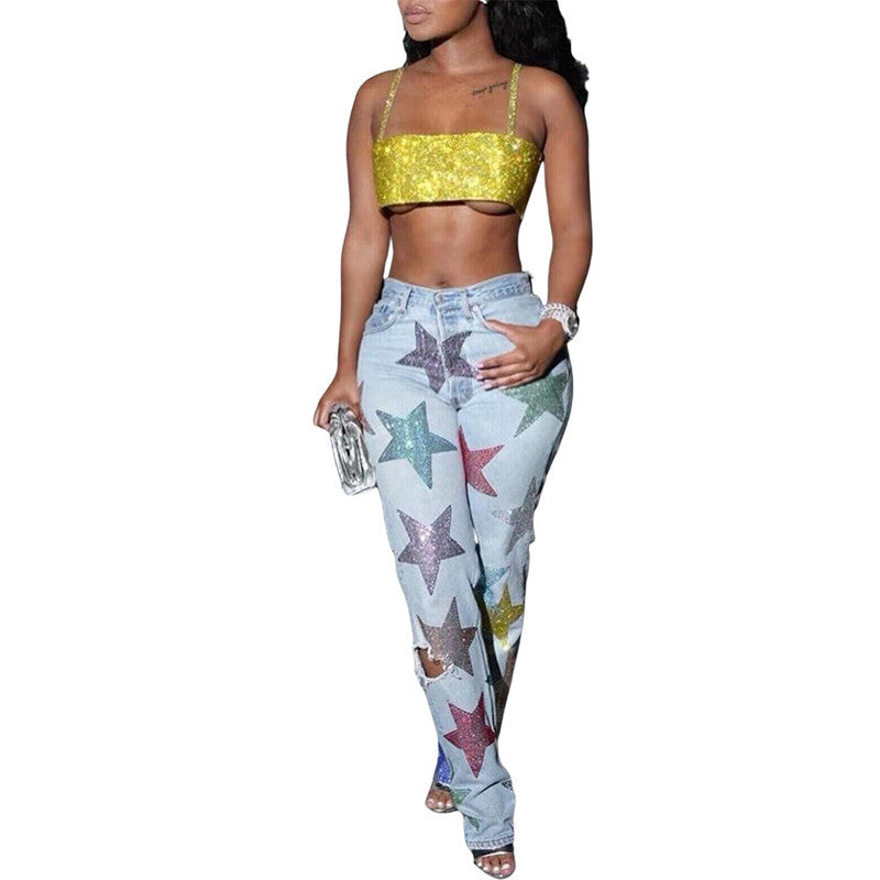 Denim Printed Ripped Five-pointed Star Jeans